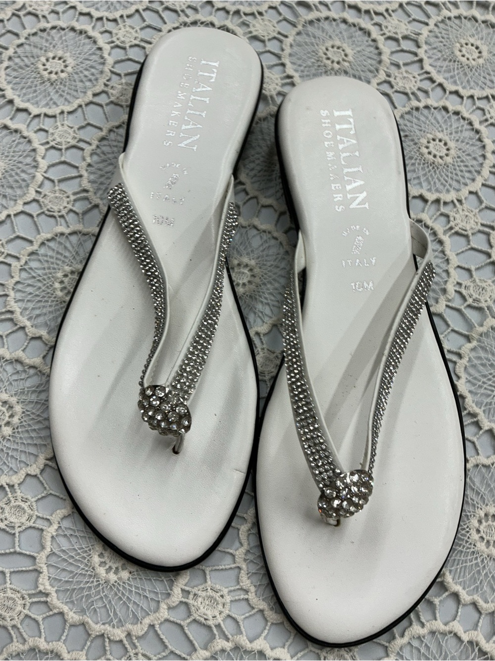 Italian Shoemakers White Rhinestone-Embellished Flip Flops